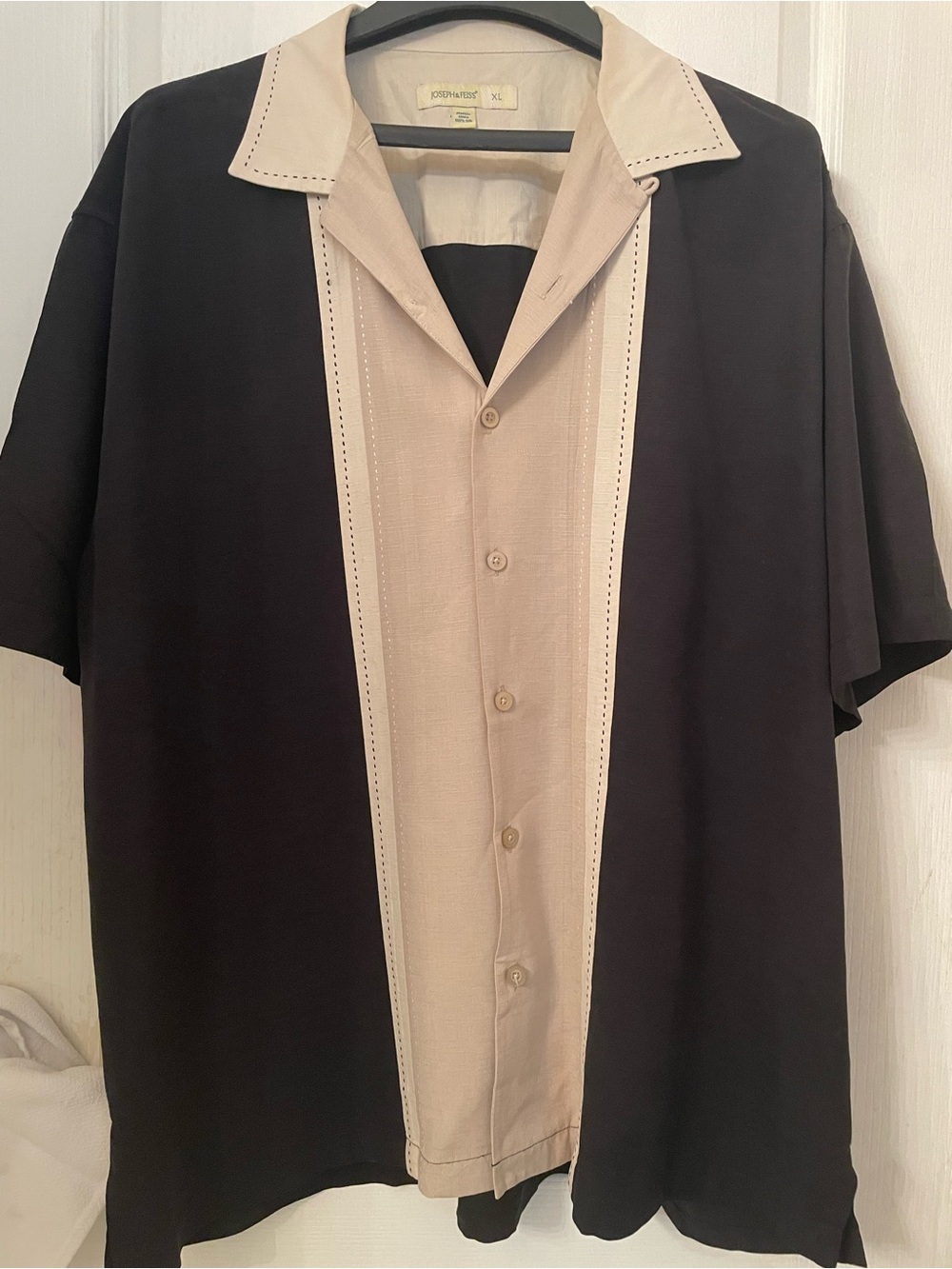 Joseph & Feiss Black and Beige Short-Sleeve Button-Down Camp Shirt